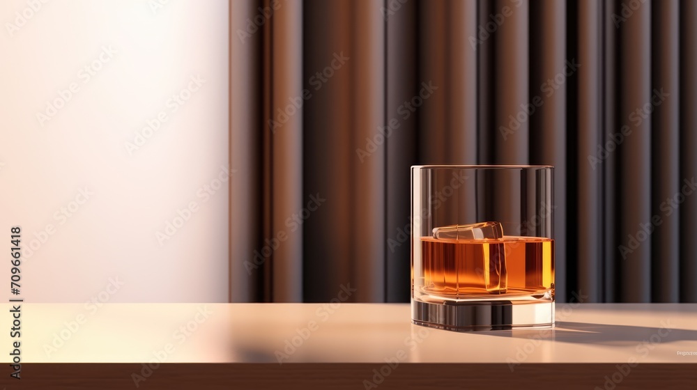 A glass of elegant straight or neat whiskey on a bar counter with a dark, minimalistic atmosphere. Drinking art concept. A glass of elegant straight or neat whiskey on a bar counter with a dark, minimalistic atmosphere. Drinking art concept.