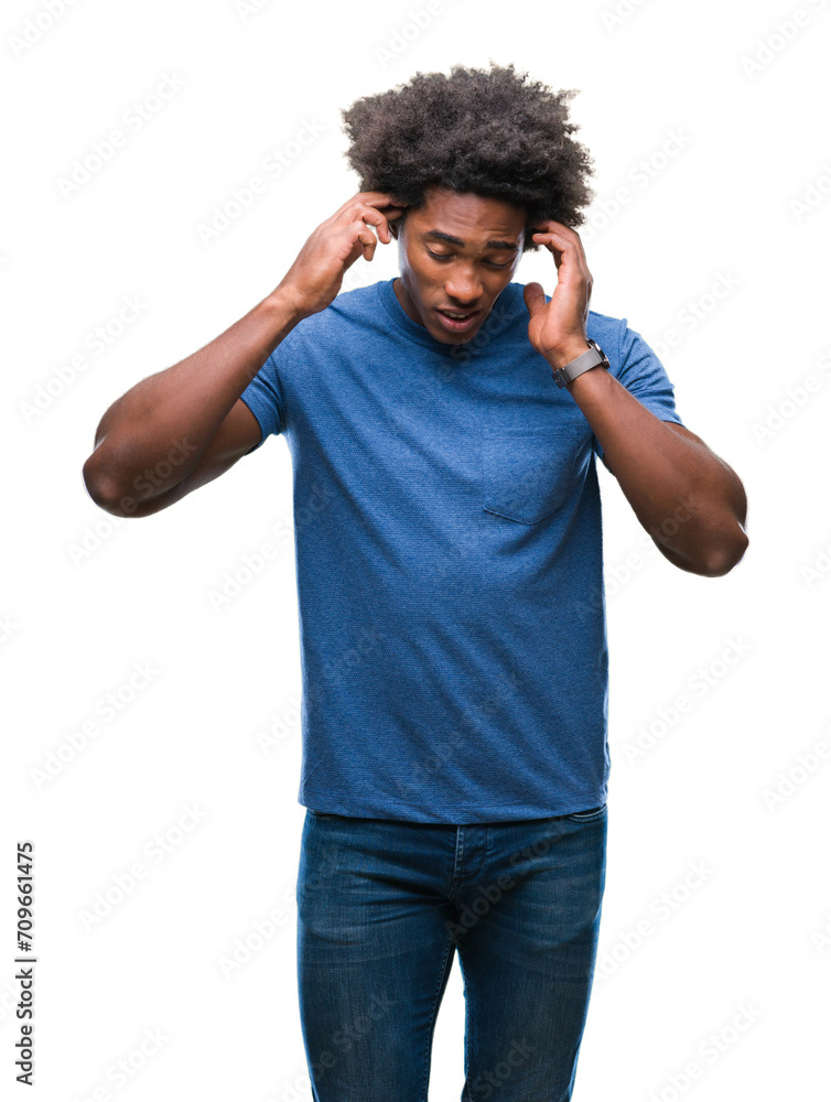 Afro american man over isolated background with hand on head for pain in head because stress. Suffering migraine. Afro american man over isolated background with hand on head for pain in head because stress. Suffering migraine.