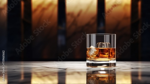 A glass of elegant straight or neat whiskey on a bar counter with a dark, minimalistic atmosphere. Drinking art concept. photo