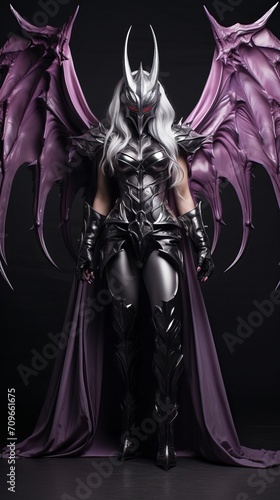 full body of female devil in hood with horns, long white hair and large black wings, with blleding purple eyes, and armor dressed, and angry expressions on her face, character, fantasy, horror,