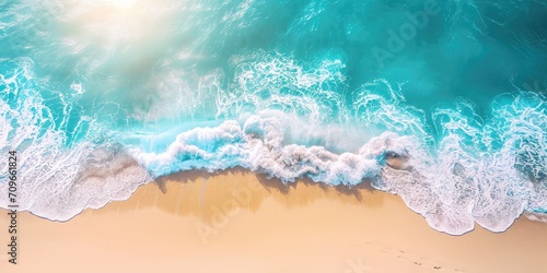  sea with emerald green sea water. Summer vacation on tropical paradise beach concept. Ripple of water splash on sandy beach. Summer vibes