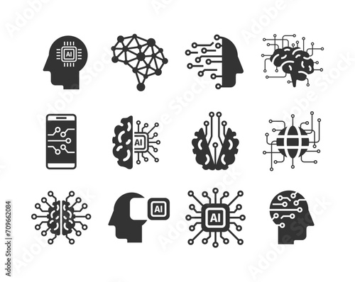 Artificial intelligence flat icons. AI technology: internet, solving, algorithm, vector illustration
