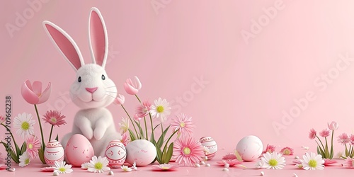  Cute easter bunny sitting in a nest with easter eggs 