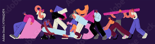 Team building, teamwork concept. Employees work, create new project together. People carry geometric shapes. Office workers collaboration. Business partnership. Flat isolated vector illustration photo
