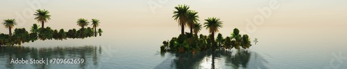 Palm trees over water, panorama of water landscape with palm trees, 3D rendering