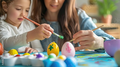 Mother and daughter prepare for Easter together, painting egg ester .