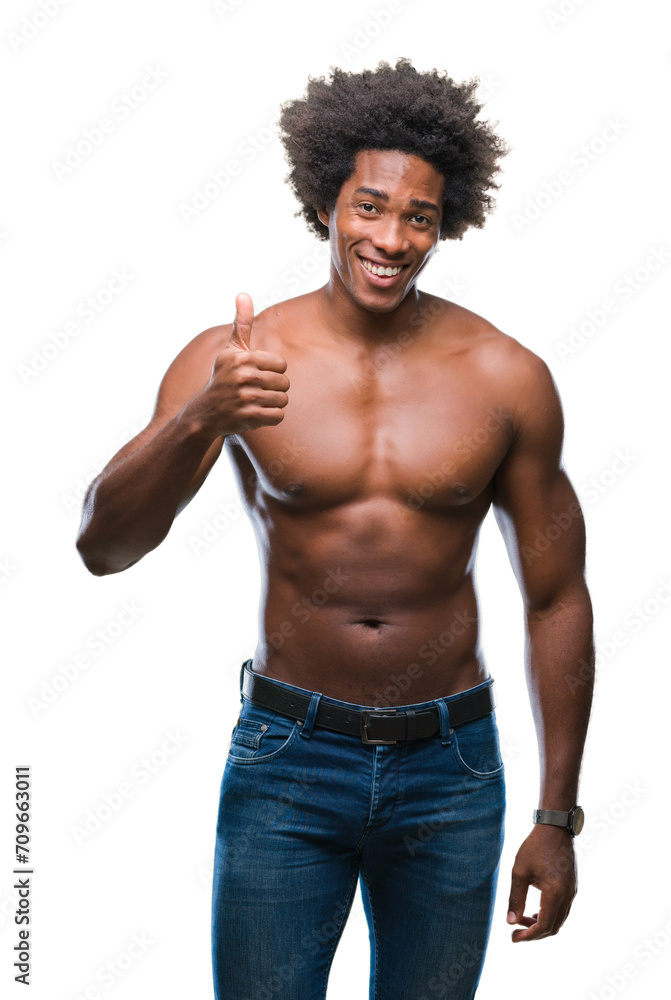Afro american shirtless man showing nude body over isolated background doing happy thumbs up gesture with hand. Approving expression looking at the camera with showing success. Afro american shirtless man showing nude body over isolated background doing happy thumbs up gesture with hand. Approving expression looking at the camera with showing success.