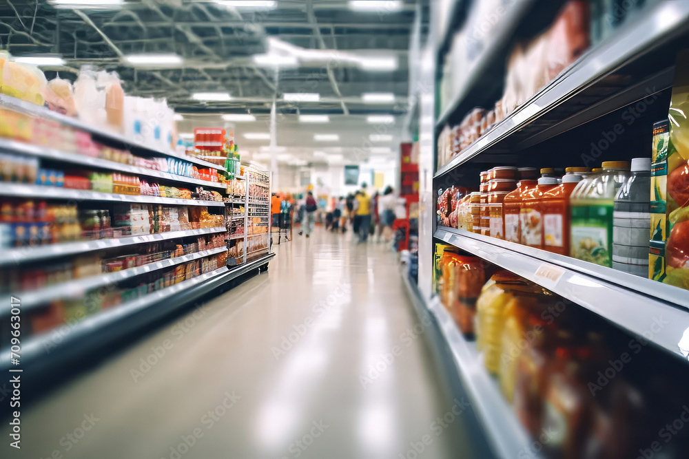 Grocery store blurred background without people. AI generative