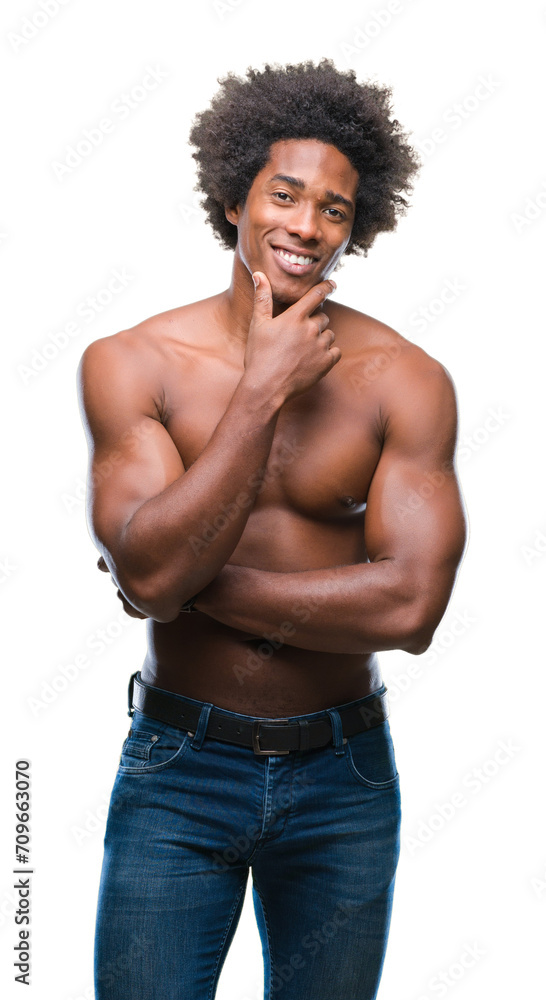 Fototapeta premium Afro american shirtless man showing nude body over isolated background looking confident at the camera with smile with crossed arms and hand raised on chin. Thinking positive.