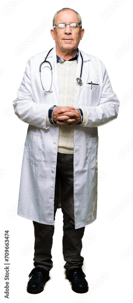 Handsome senior doctor man wearing medical coat Hands together and fingers crossed smiling relaxed and cheerful. Success and optimistic Handsome senior doctor man wearing medical coat Hands together and fingers crossed smiling relaxed and cheerful. Success and optimistic