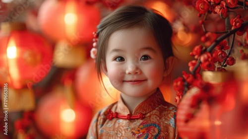 Blurry background of Chinese lantern with red plum blossoms, close-up, a cute Chinese child stood in front of a lantern, smiling.