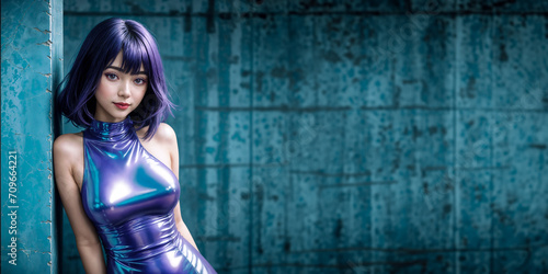 Portrait of a young woman wearing a shiny reflective blue latex dress with short purple hair and red lipstick, she is leaning against a blue painted concrete wall on the left side. 