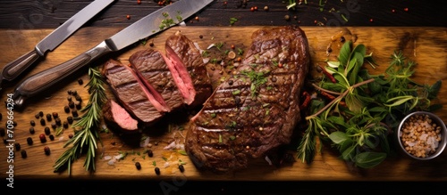 Medium Beef Rib Eye steak slices, spices and salt on wooden board with fork and knife. Generate AI photo