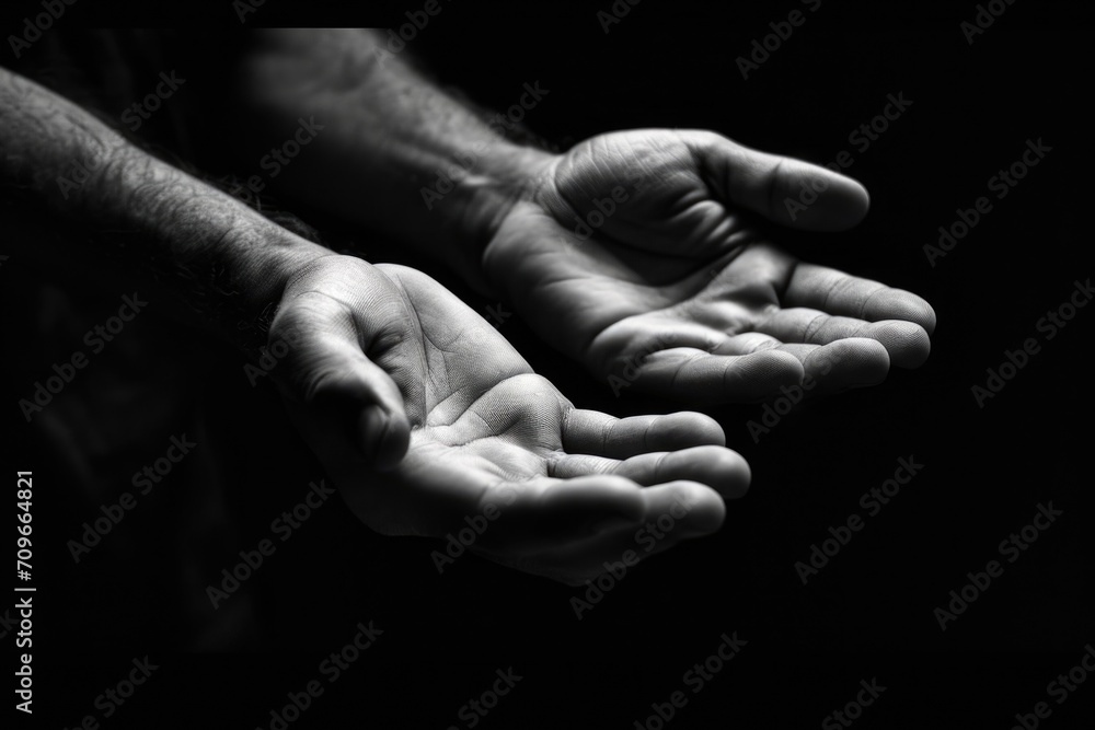 Hands Extended in Black and White Photo