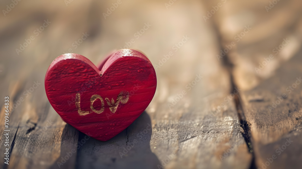 Red Heart with Love Inscription on Wooden Texture Background Red Heart with Love Inscription on Wooden Texture Background