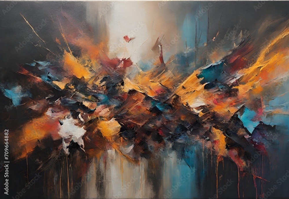Discover the world of artistic brilliance as our talented female artist passionately crafts abstract oil paintings. Explore her modern masterpieces on large canvases, illuminated in a dark and messy y - obrazy, fototapety, plakaty 