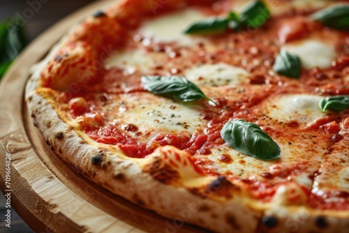 Close Up of Pizza on Wooden Plate
