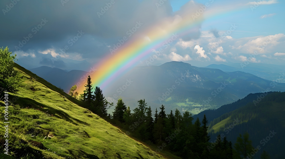 Vibrant Rainbow Over Mountain Valley with Pine Trees