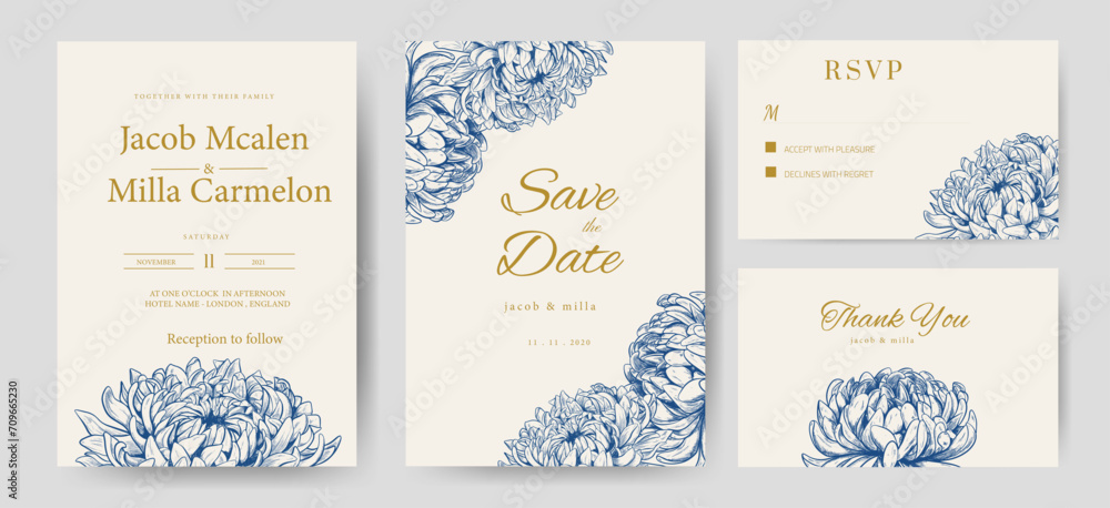 Navy blue peony flower wedding invitation card with golden gold text. Template card set. Navy blue peony flower wedding invitation card with golden gold text. Template card set.