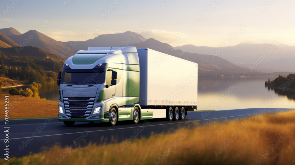 Modern and eco-friendly semi truck driving on a scenic road beside a tranquil lake during sunset.