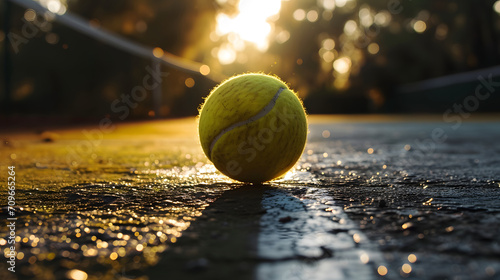 Tennis Ball on Court with Sunset Glow Reflections © HappyKris