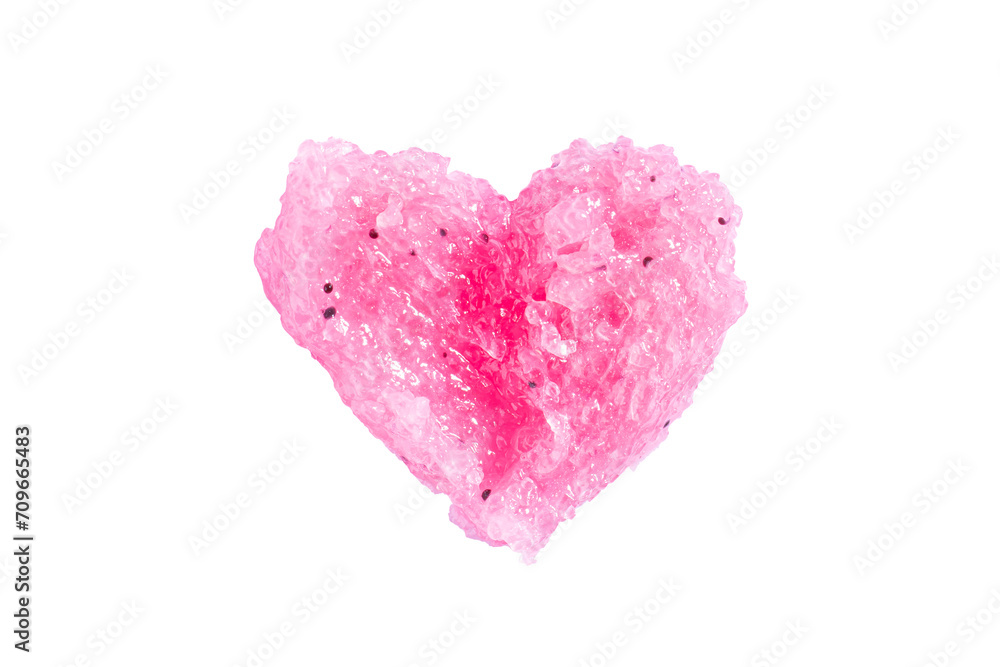 Cosmetic pink scrub in the shape of a heart. Peeling cosmetic sample texture isolated on white background.