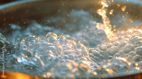 Boiling Water Closeup with Bubbles and Steam Warm Light Background