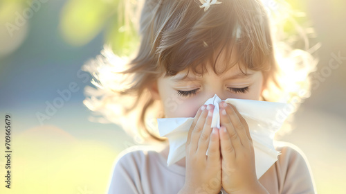 Child Blowing Nose with Tissue Outdoors Allergy or Cold Concept photo