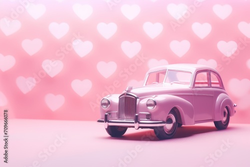 Pink toy retro car with hearts on rose background. Present with love for Valentine's, Mother's and Women's day concept. Greeting card, banner, poster, flyer, backdrop with copy space