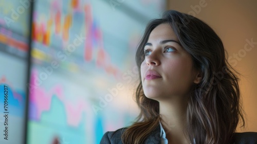 businesswoman looks at a large screen with charts. Face in focus with good sharpness and highly detailed, futuristic style