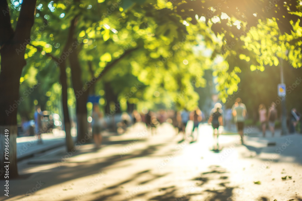 Fototapeta premium Blurred summer city background. AI generative