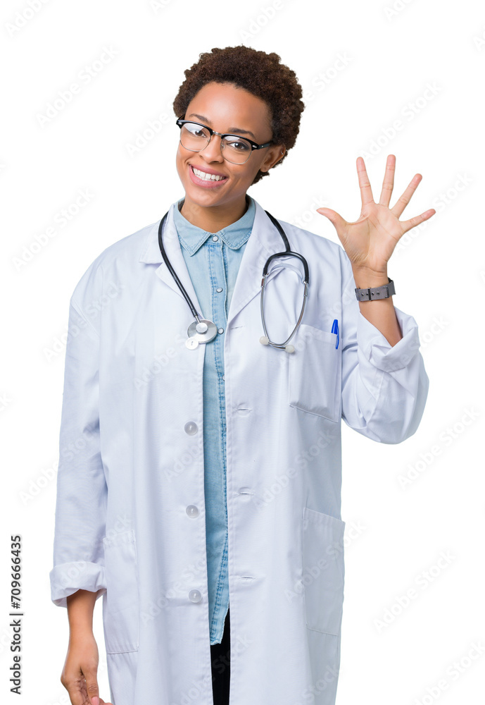 Young african american doctor woman wearing medical coat over isolated background showing and pointing up with fingers number five while smiling confident and happy. Young african american doctor woman wearing medical coat over isolated background showing and pointing up with fingers number five while smiling confident and happy.