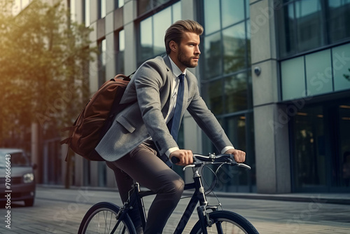 Male office worker rides on a bicycle to work on a city street.