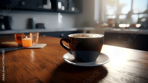 Coffee cup on the wooden table in coffee shop, stock photo