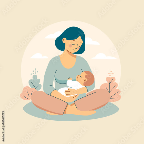 Breastfeeding illustration, lovely mom holding infant feeding a baby with breast with nature. Vector illustration