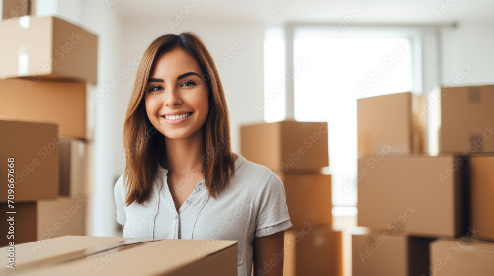 A smiling young woman exudes happiness while surrounded by cardboard moving boxes in a bright, modern space. A smiling young woman exudes happiness while surrounded by cardboard moving boxes in a bright, modern space.