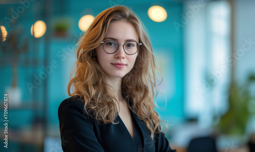Businessportrait von junger, hübscher Businessfrau im Business-Outfit, Brille, blonde Haare, schaut in die Kamera,, orange-teal