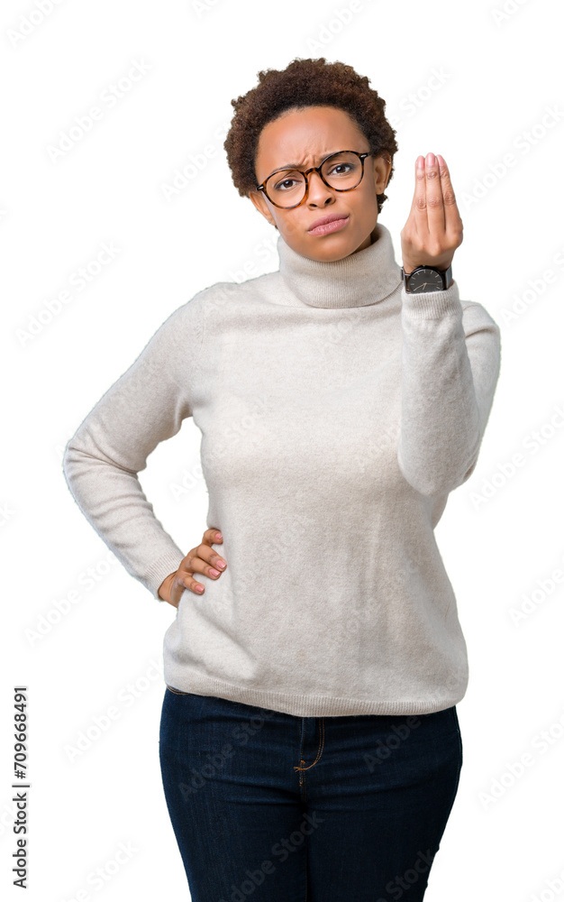 Young beautiful african american woman wearing glasses over isolated background Doing Italian gesture with hand and fingers confident expression Young beautiful african american woman wearing glasses over isolated background Doing Italian gesture with hand and fingers confident expression