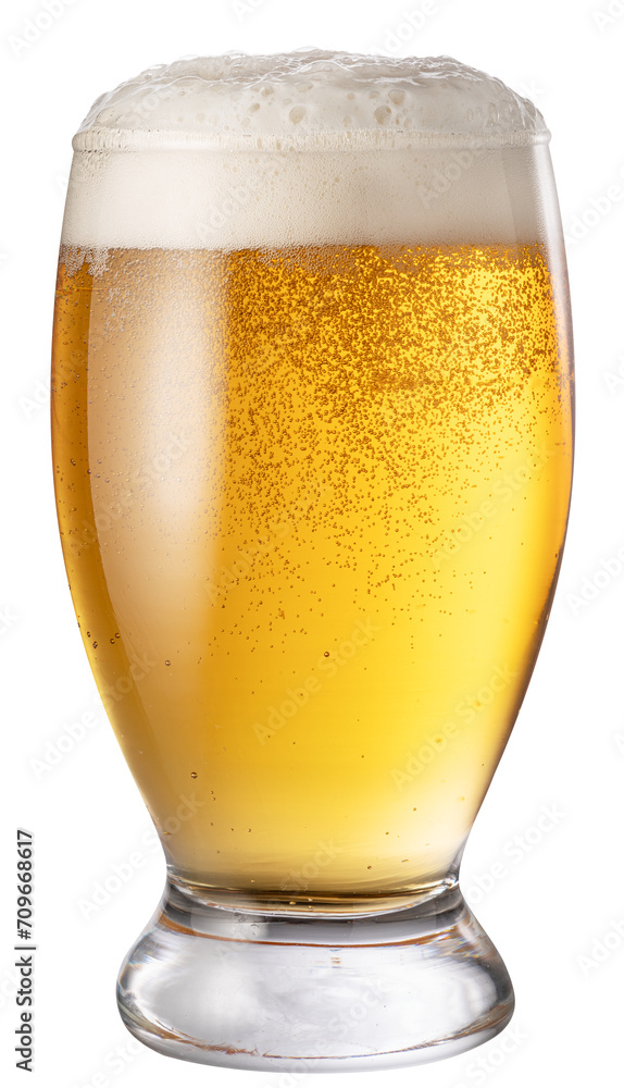 Glass of chilled light beer with large head of foam isolated on white background. Clipping path. Glass of chilled light beer with large head of foam isolated on white background. Clipping path.