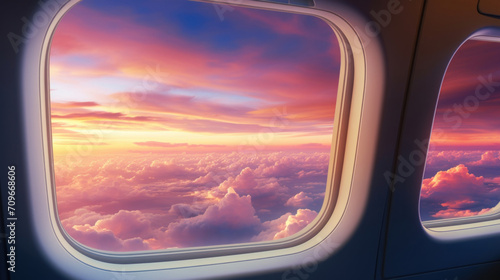 A breathtaking view of a vibrant sunset and fluffy clouds from the perspective of an airplane passenger.