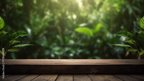 A wooden table top presents a natural stage in front of a background of lush  green  out-of-focus foliage.