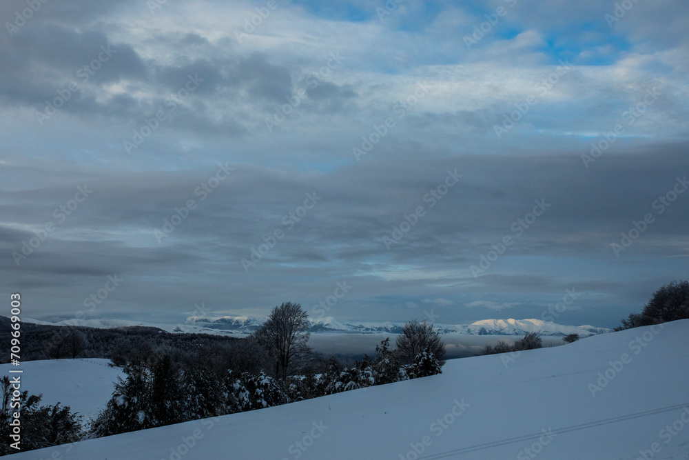 Winter snowfall in Collada De Bracons and Puigsacalm peak, La Garrotxa, Girona, Spain Winter snowfall in Collada De Bracons and Puigsacalm peak, La Garrotxa, Girona, Spain
