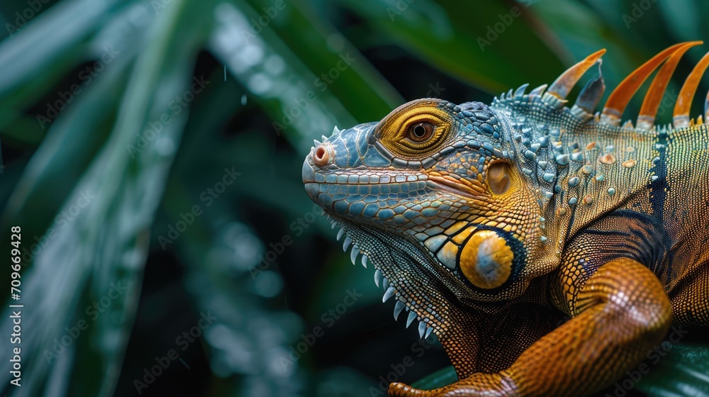 Obraz premium A close-up view of a lizard perched on a tree branch. This image can be used to depict wildlife, nature, reptiles, or close-up shots of animals in their natural habitat