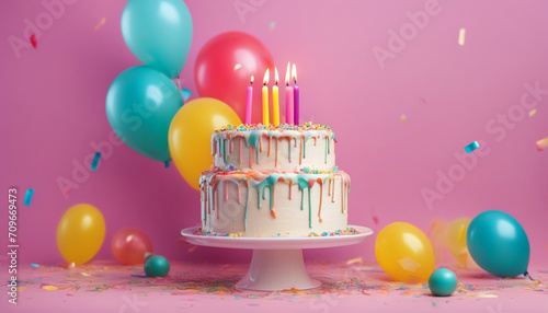 Birthday cake decorated with colorful sweets, balloons on a pink background. Birthday concept