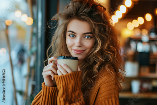 Portrait of beautiful young woman drinking coffee in cafe on weekend. Relaxation, lifestyle concept