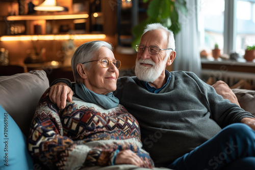 Happy senior couple sitting together on couch in living room at home. Relaxiation, lifestyle concept