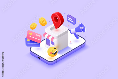 3D Render isometric view Online shopping. Smart concept of E-commerce. 3D floating related elements around shop. Secure online shopping concept.  3d vector render illustration