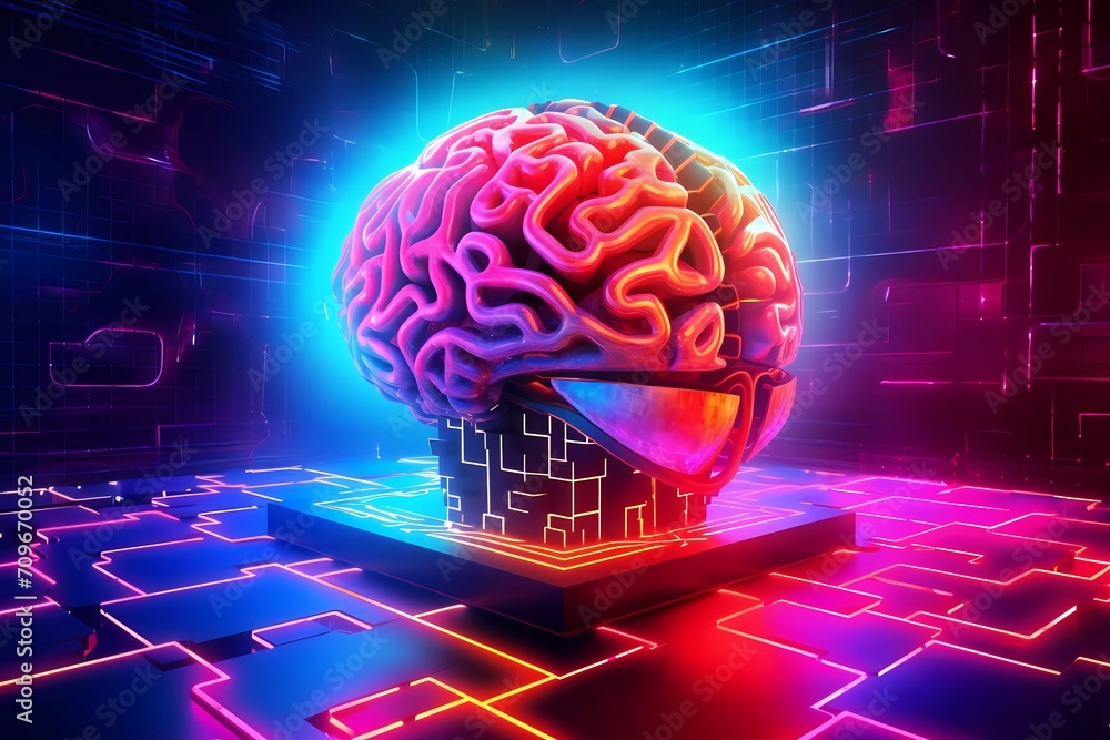 Fototapeta premium Human Brain and Artificial Intelligence. Red, blue, pink, and purple Neon Background. Futuristic Cyber Style. Horizontal banner. AI Generated