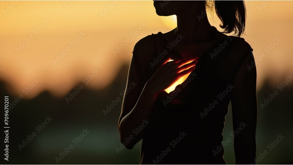 A silhouette of a female with a hand over the chest area, which is illuminated, visually representing internal pain or distress.
 - obrazy, fototapety, plakaty 