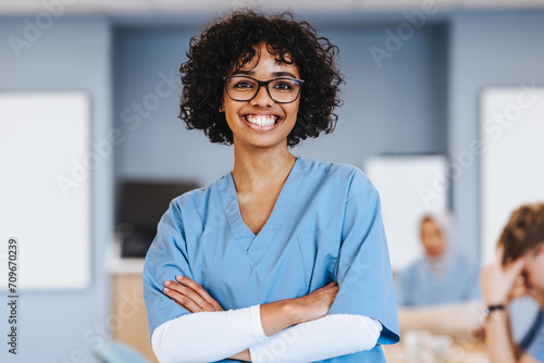 Young woman getting an education in healthcare at university photo